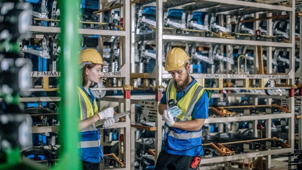 In a well-organized industrial storage room, two workers, one man and one woman, both donning safety gear, are engaged in stocktaking tasks.