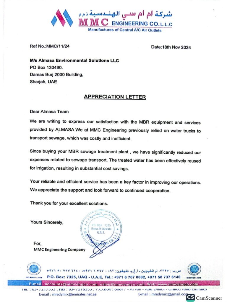 MBR sewage treatment plant installed by Almasa for MMC Engineering