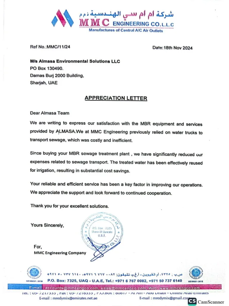 MBR sewage treatment plant installed by Almasa for MMC Engineering