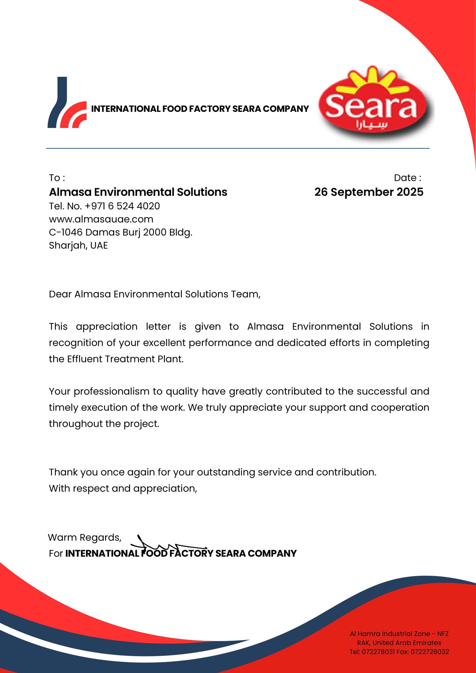 Effluent Treatment Plant installed for Seara Food Factory by Almasa Environmental Solutions