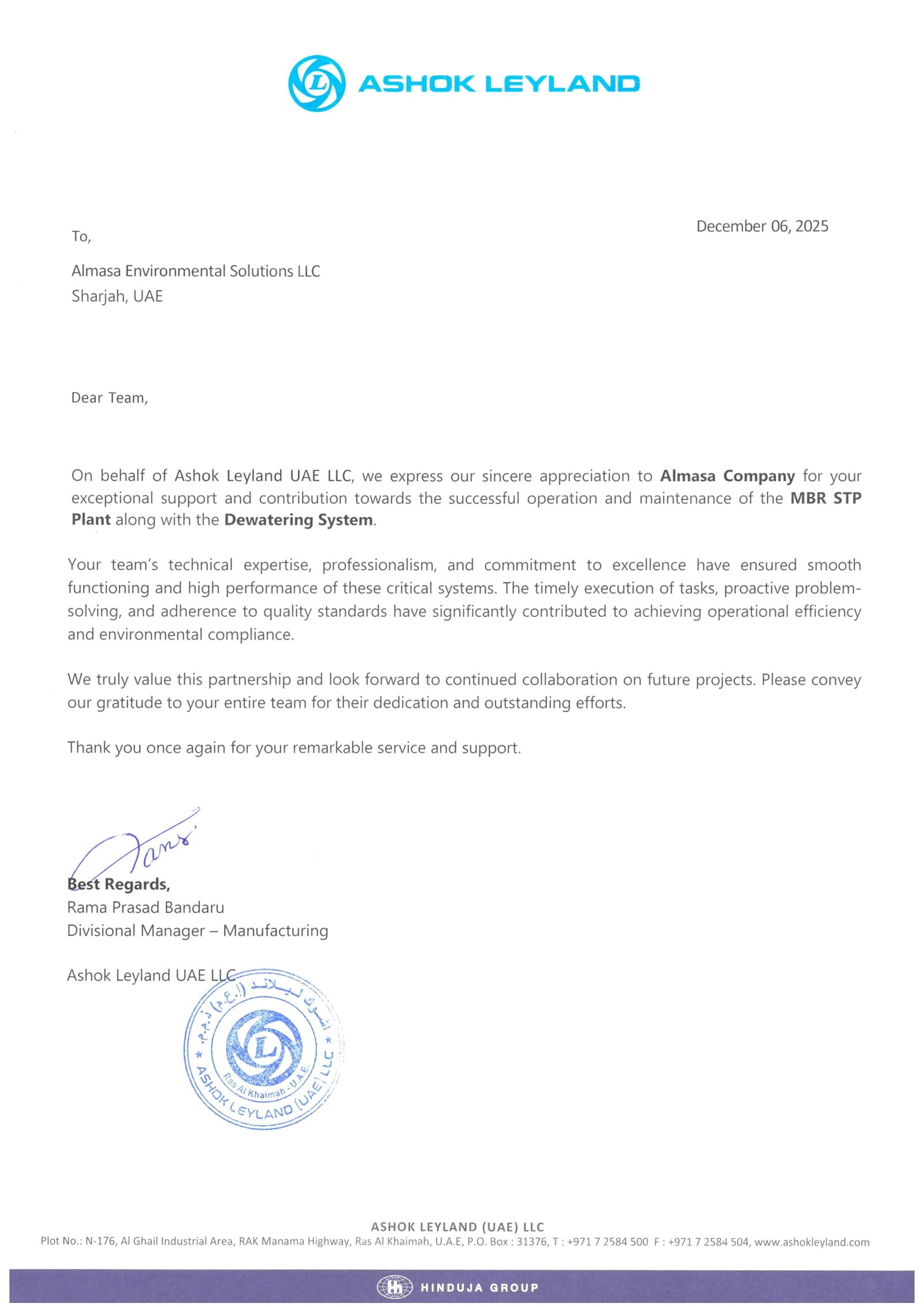 Almasa team performing MBR STP maintenance UAE for Ashok Leyland