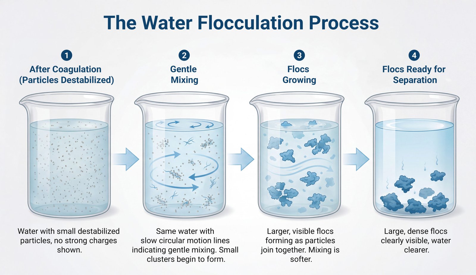 Coagulation and flocculation process showing suspended particle removal