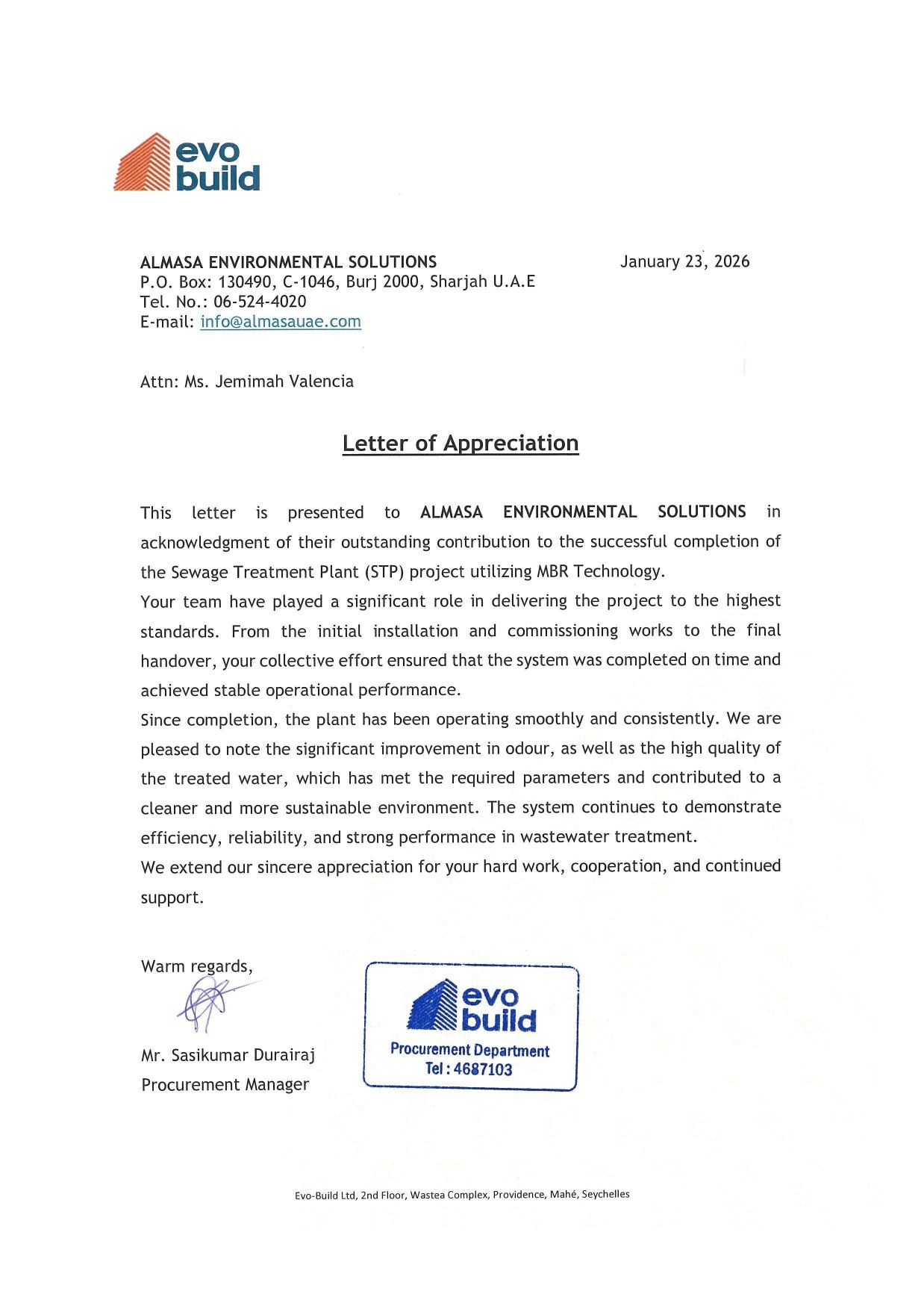 MBR Sewage Treatment Plant installed by Almasa in Seychelles